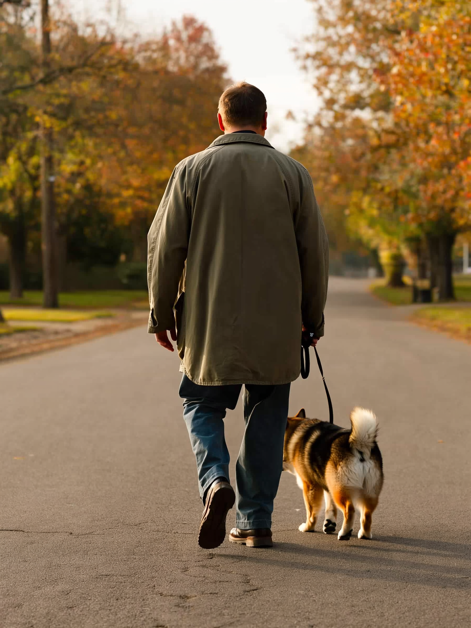 Een man wandelt in een herfstachtige straat met zijn hond aan de lijn